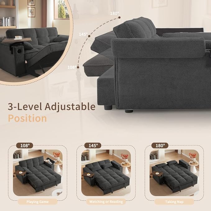66" 3-in-1 Folding Convertible Sofa Bed, Queen Size Pullout Sofa, Modern Chenille Fabric, 360° Swivel Side Table, Easy Assembly, Perfect for Living Room (ZY-1107S-Black)