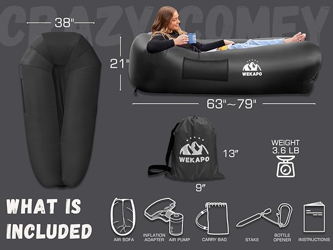 WEKAPO Inflatable Couch with Pump - Easiest Setup, Crazy Comfy & Ultralight - Blow up Lounger Chair Perfect for Hiking, Camping, Beach, Festivals - Lightweight Air Sofa for Relaxing Anywhere (Black)
