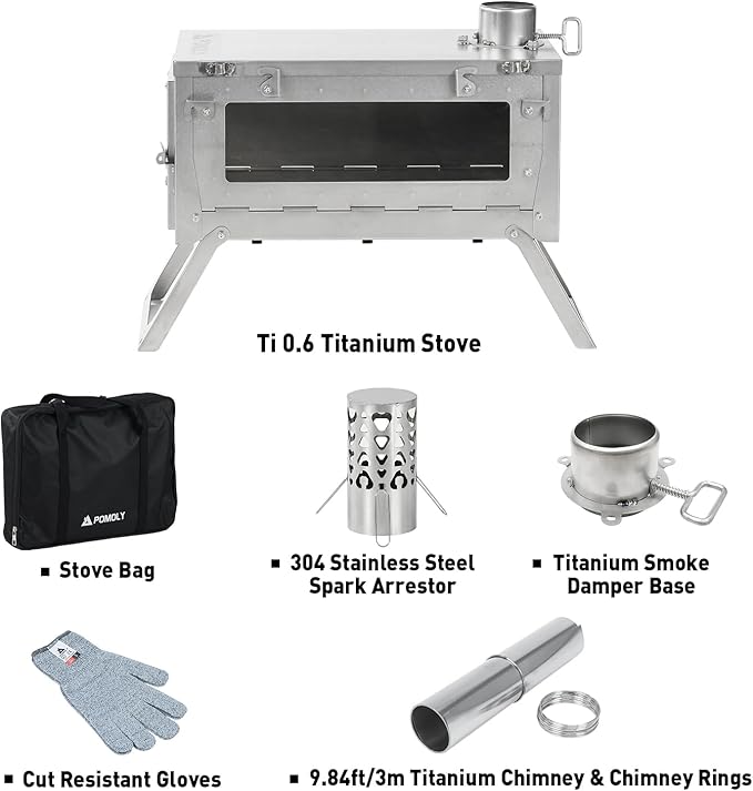 Camping Wood Stove Hot Tent Stove, POMOLY Ti 0.6 Portable Lightweight Titanium Stove for Hiking, Cooking, Heating (Stove Pipe 9.84ft / 3m)