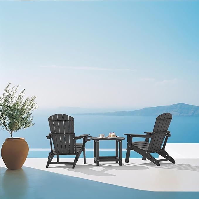 Folding Adirondack Chair, SGS Tested, Wooden Textured with Cup Holder, Heavy All-Weather HDPE Comfortable Set Poolside Backyard Lawn Grey Set 4