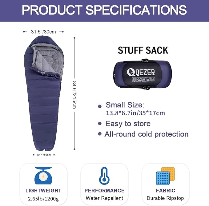 Down Sleeping Bag for Adults 0°F 10°F 15°F 20°F Backpacking Sleeping Bag for Cold Weather with Compression Sack