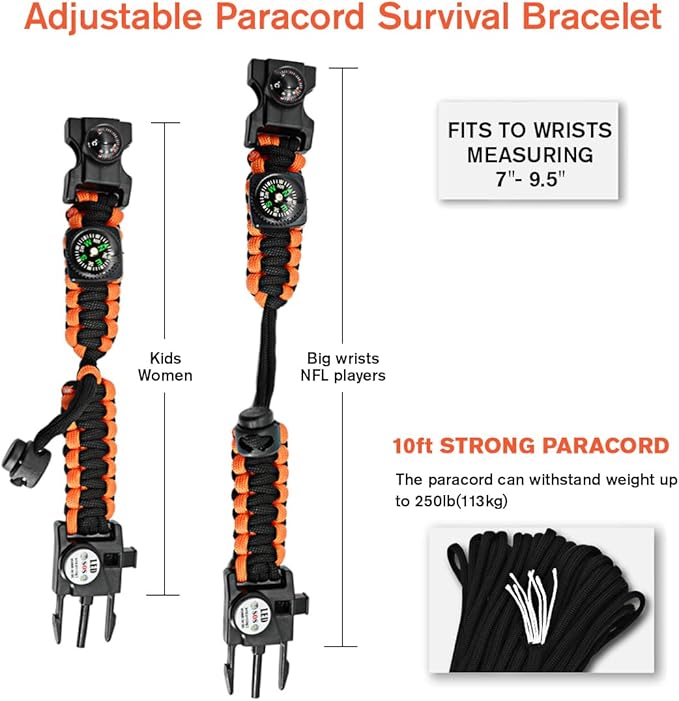 20 in 1 Survival Paracord Bracelet Adjustable Gear Kit with SOS LED Light, Fire Starter, Bigger Compass, Survival Whistle, Perfect for Camping, Hiking, Fishing