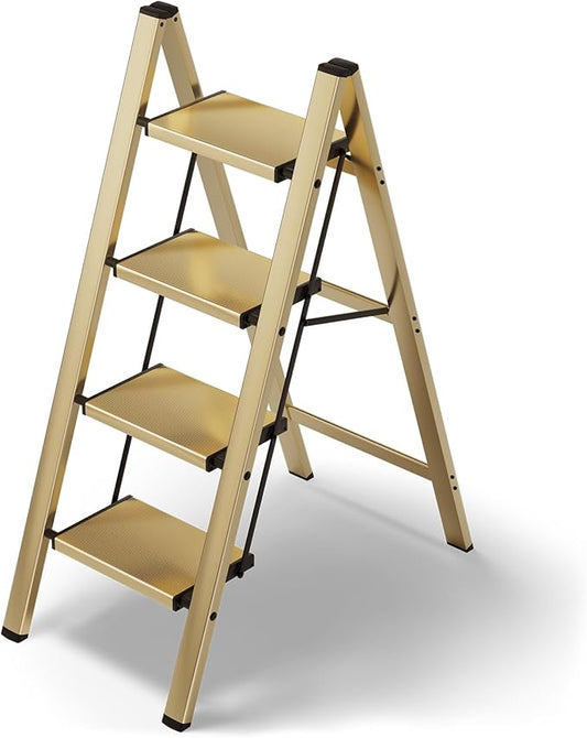 HillhutApex 4 Step Stool, Aluminum Foldable Step Ladder, Lightweight Stable Stool with Wide Non-Slip Pedals, 330lbs Bearing Capacity Ladder for Office,Home,Kitchen - Gold