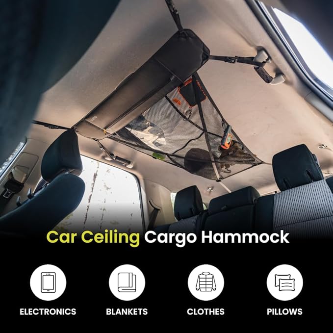 LUNO Ceiling Cargo Net - Car Roof Storage w/Multiple Pockets, Hangout Loops & Tab Pocket for Long Road Trip & Camping - 36" x 52" Car Camping Essentials Organizer for SUV - XL