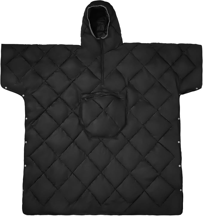 Wearable Camping Blanket Honcho Poncho - Stadium Blanket, Sleeping Bag for Adults, Packable Ultralight Warm & Waterproof for Cold Weather,Sports, Outdoor Camping, Hiking - Black
