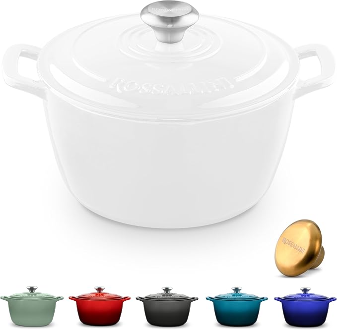 Signature Enameled Cast Iron Dutch Oven, Non-Stick Serving Pot with Tight Fitting Lid for Perfect Roasting, Baking, Sauteing, and Bread Making | 5.5Q (5.2L) - White