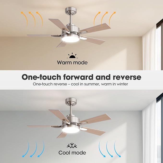 Ceiling Fan with Light, 42" Modern Low Profile Ceiling Fan with Light, DC Reversible Motor, Smart APP & Remote Control, Whisper Quiet, Dimmable LED for Bedroom/Living Room