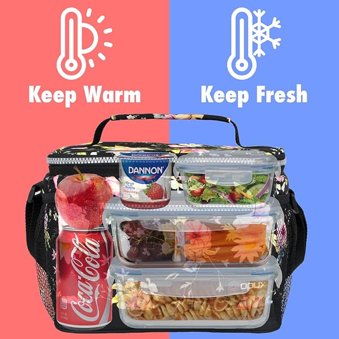 opux Insulated Lunch Box Men Women, Lunch Bag for Work School, Leakproof Soft Cooler Tote Adult, Large Lunch Pail Kids Boys Girls, Picnic Beach Food Bag with Shoulder Strap, Black Floral