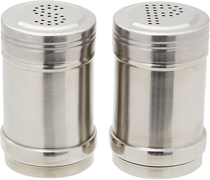 2 oz Stainless Steel Metal Salt and Pepper Shakers Set for Kitchen, Dinner Table, Cooking, Travel, Refillable, Perforated "S" and "P" Caps (3.5 in)