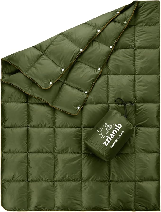 zzlamb Puffy Down Camping Blanket Water-Repellent, Down Throw Travel Blanket Portable for Outdoor, Light Warm Quilt for Couch Plane Car Theater Stadium Picnic RV Backpacking Hammock