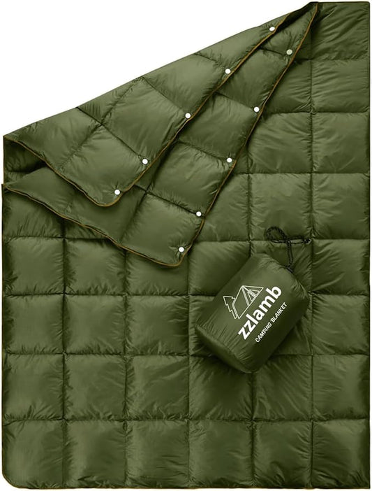 zzlamb Puffy Down Camping Blanket Water-Repellent, Down Throw Travel Blanket Portable for Outdoor, Light Warm Quilt for Couch Plane Car Theater Stadium Picnic RV Backpacking Hammock