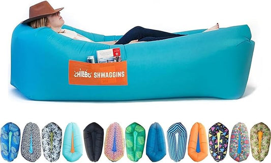 Chillbo Shwaggins Inflatable Couch – No-Pump Setup, Ripstop Polyester, Stability Pegs, Fun Prints, Portable Air Lounger for Beach, Camping, Festivals, and Tailgating - Turquoise
