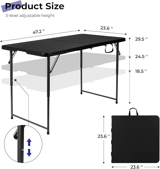 Folding Table 4 Foot Portable Heavy Duty Plastic Fold-in-Half Utility Table Small Indoor Outdoor Adjustable Height Folding with Carrying Handle, Camping and Party, Black