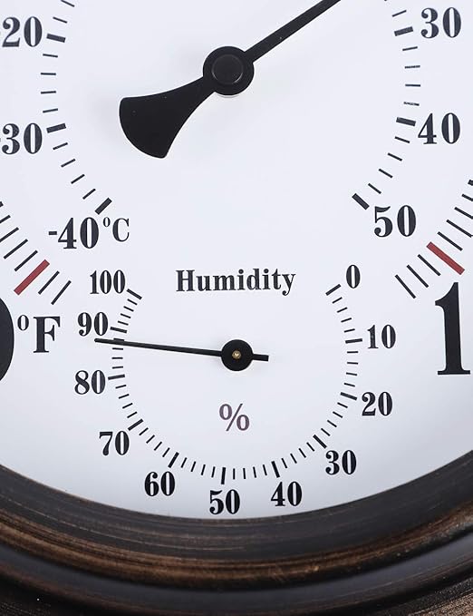Indoor Outdoor Thermometer - Premium Steel Wall Thermometer Hygrometer for Patio, Wall or Decorative, No Battery Required Hanging Thermometer 8" Round Diameter (Bronze)