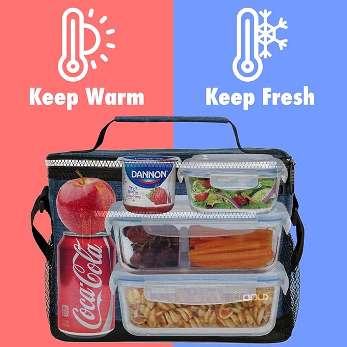 opux Insulated Lunch Box Men Women, Lunch Bag for Work School, Leakproof Soft Cooler Tote Adult, Large Lunch Pail Kids Boys Girls, Picnic Beach Food Bag with Shoulder Strap, Heather Navy