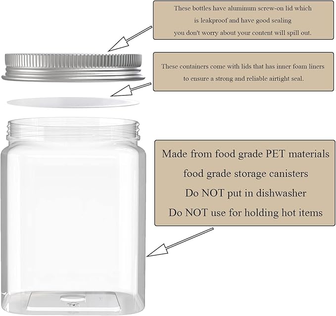 6 Pack 24 Oz Clear plastic jar, Refillable Kitchen Storage Containers, For Kitchen & Household, Aluminum cap.