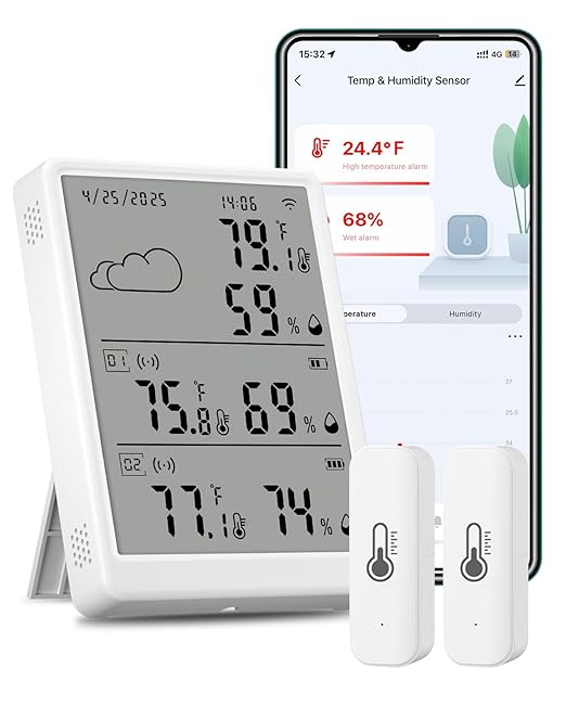 WiFi Hygrometer Thermometer 3 Pack, Digital Smart Temperature Humidity Monitor with 2 Wireless Sensors Indoor Kit, 382Ft Rang RF Remote Control