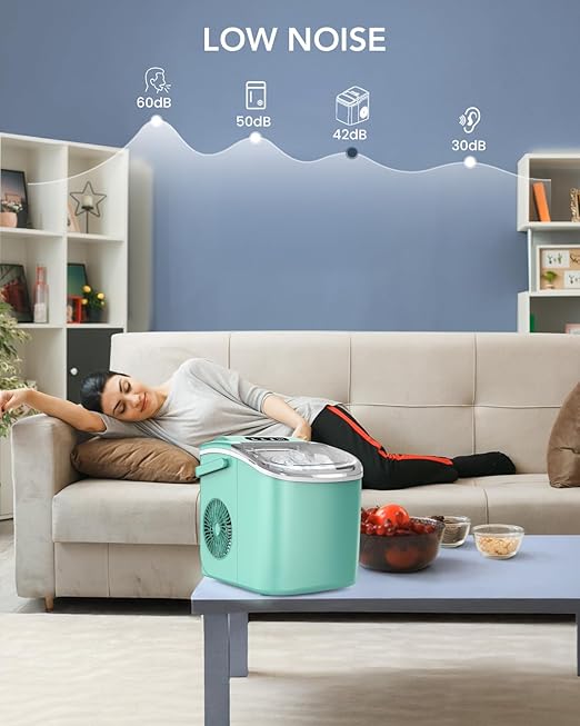 Ice Maker Countertop, Efficient Easy Carry Ice Machine, Self-Cleaning Ice Maker with Ice Scoop & Basket, 9pcs/ 8mins 26.6Lbs Per Day for Home/Office/Kitchen,Green