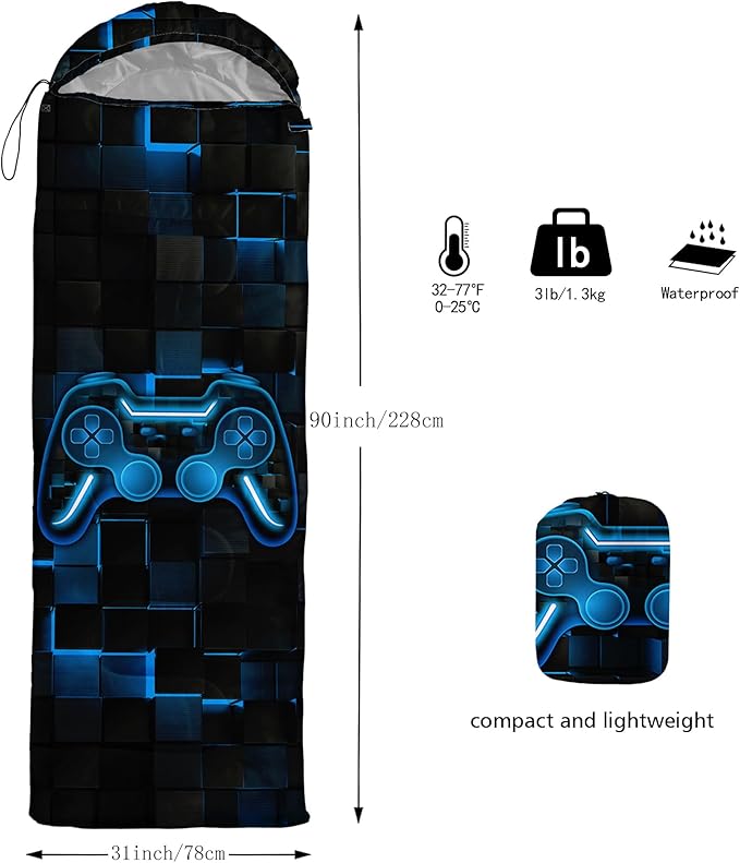 Axolotl Gamepad Sleeping Bag,3 Season Warm and Cool Weather Game Console Sleeping Bag for Boys Teens,Waterproof Lightweight Geometry Hexagonal Sleeping Bag for Traveling,Outdoors Camping,Blue,Black