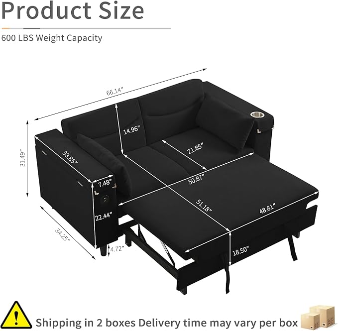 66" Pullout Couch Sleeper Sofa with Hidden Side Table, Storage Armrests & USB Charging – Convertible Sofa Bed with Spring Mattress & Wood Frame, Great for Small Spaces (ZY-2027-Black)