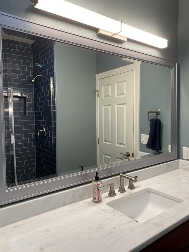 Frame My Mirror Silver Framed Mirror, 28" x 48" Mirror for Bathroom, Wood Frame, True Reflections Glass, Brushed Silver Finish, Porter Design, Hangs Horizontally or Vertically, Made in USA