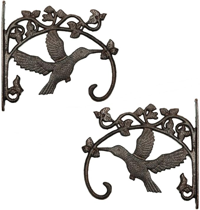 Sungmor Cast Iron Plant Hanger Wall Hooks, Heavy Duty Hanging Basket Brackets, Hummingbird Shape & 10.4 inch & 2PC Brown, Decorative Wall Hangers for Planters Lanterns Bird Feeders Houses Wind Chimes
