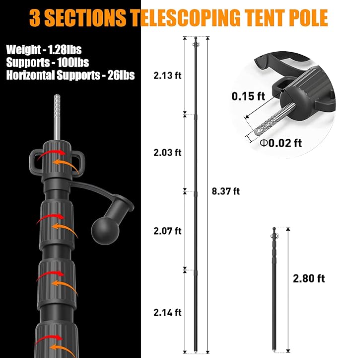 WILDROAD Tarp Poles Tent Poles Canopy Poles 8.37 ft, Telescoping Aluminum Poles with Non-Slip Aluminum Cone Bottom, Portable and Lightweight Camping Gear for Camping and Awnings, Set of 4
