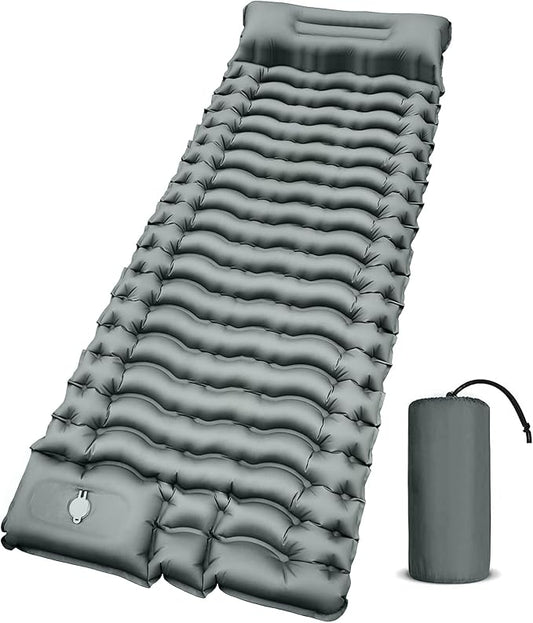 Camping Sleeping Pad, Ultralight Camping Mat with Pillow Built-in Foot Pump Inflatable Sleeping Pads Compact for Camping Backpacking Hiking Traveling - Gray