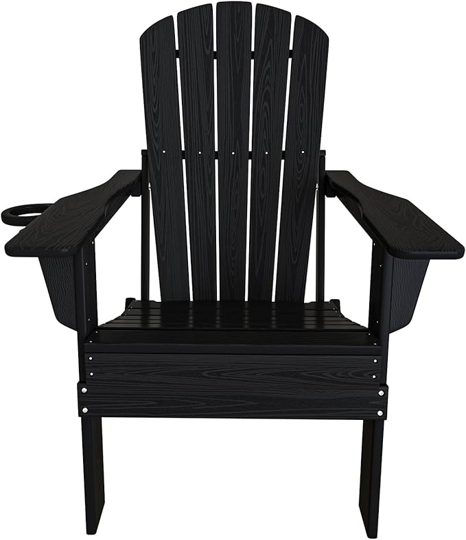 Folding Adirondack Chair, Cup Holder, SGS Tested, Wooden Textured，Heavy All-Weather HDPE Comfortable Set Poolside Backyard Lawn Black Set 2