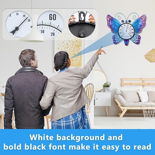 Outdoor Thermometer, Blue Butterfly Indoor Thermometer No Need Battery, Metal Wall Thermometer for Patio Home Room Decor