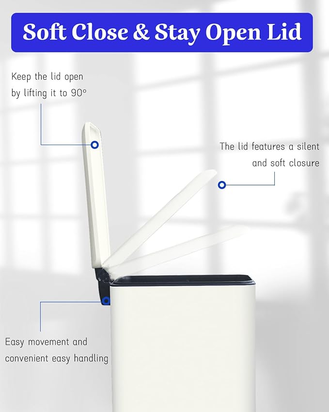 Trash Can with Lid, 10 L Bathroom Waste Bin, Small Pedal Bin, Stainless Steel Garbage Can for Bathroom, Bedroom and Office, White