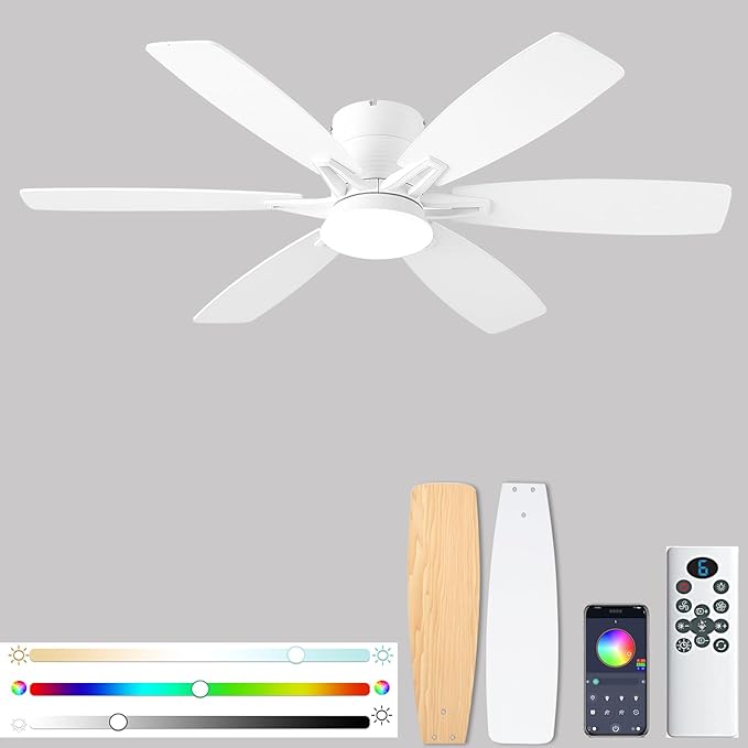 52inch White Ceiling Fans with Lights and Remote/App Control, Low Profile Ceiling Fan with Light and 6 Double-Side blades, Flush Mount, LED/RGB Dimmable DC Reversible Modern Ceiling Fan for