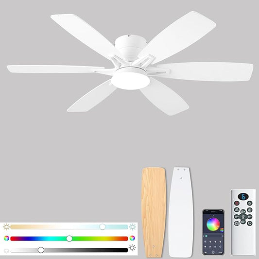52inch White Ceiling Fans with Lights and Remote/App Control, Low Profile Ceiling Fan with Light and 6 Double-Side blades, Flush Mount, LED/RGB Dimmable DC Reversible Modern Ceiling Fan for