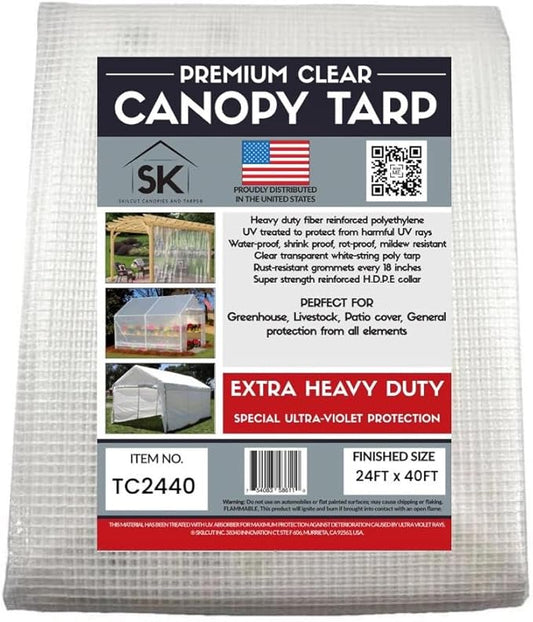 16 Mil Clear Poly Heavy Duty Tarp with Fiber Reinforcement - True Size Tarps with UV Protection, Tear Resistance, Flexibility, Reinforced Corners 24x40