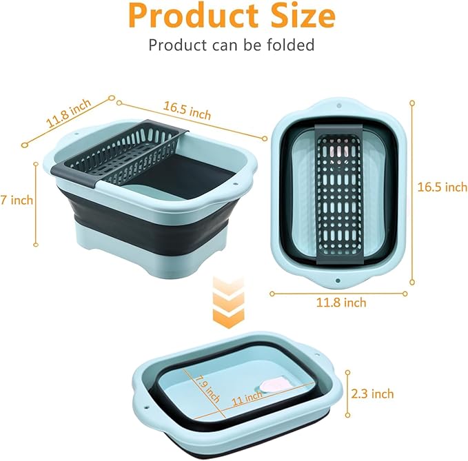 11L（2.91 Gallon） Collapsible Dish Basin with Drain Plug, Space Saving Outdoor Multiuse Foldable Sink Tub, Dishpan, Portable Kitchen Storage Tray for Vegetable Washing, Camping, RV (Green)