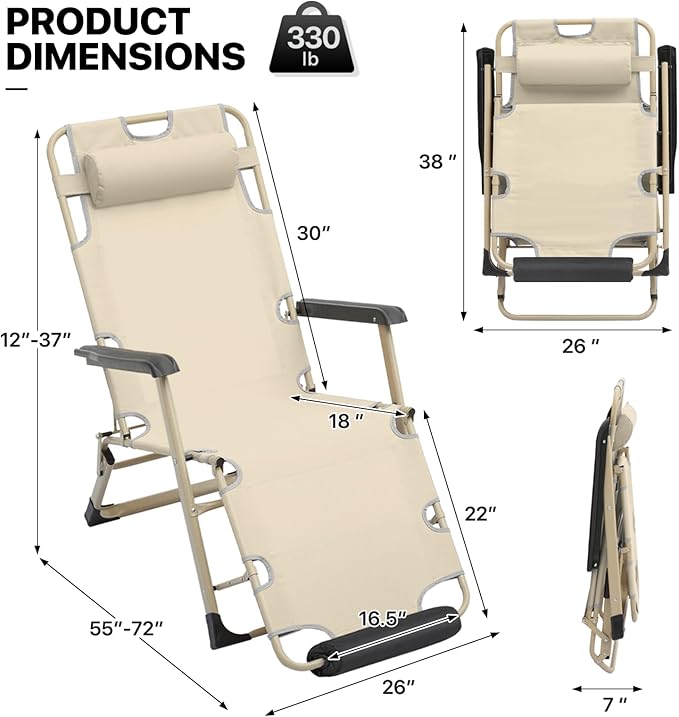 MoNiBloom Set of 2 Folding Reclining Patio Chairs, 3-Position Patio Lounger Folding Chairs with Footrest for Backyard Poolside Lawn, Cream, 330lbs Capacity