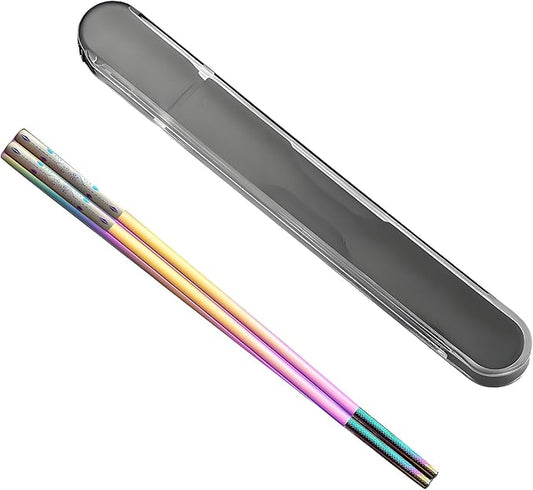 Metal Chopsticks Reusable 1 Pair Stainless Steel Travel Chopsticks Dishwasher Safe Square Lightweight Non-Slip Chop Sticks with case (Colorful Waterdrop Diamond)
