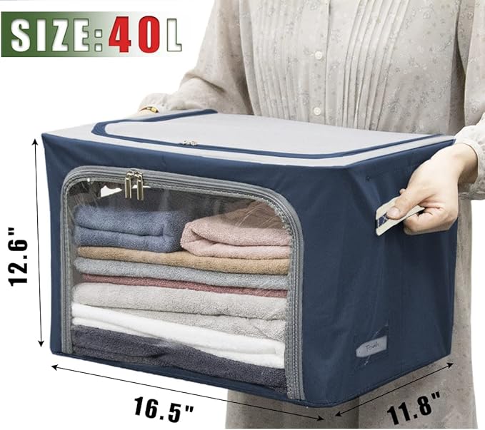 Clothes Storage Box Bins Stackable Foldable Organizer,Sturdy Handles with Metal Frame for Clothing Bedding Shelves,Closet Container with Clear Window Zipper and Label Holder (Navy, 40L x3 Pack)