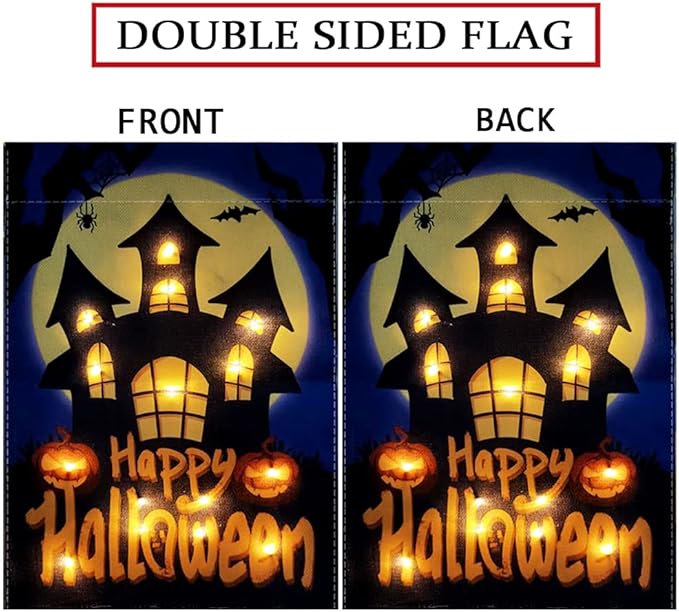 Happy Halloween Garden Flag LED Lighted Vertical Double Sided Garden Flag Halloween Castle Holiday Farmhouse Outdoor Yard Lawn Decoration 12.5 x 18 Inch