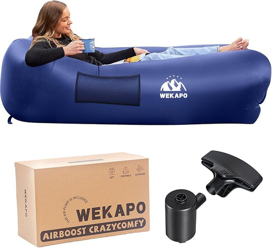 WEKAPO Inflatable Couch with Pump - Easiest Setup, Crazy Comfy & Ultralight - Blow up Lounger Chair Perfect for Hiking, Camping, Beach, Festivals - Lightweight Air Sofa for Relaxing Anywhere (Navy)