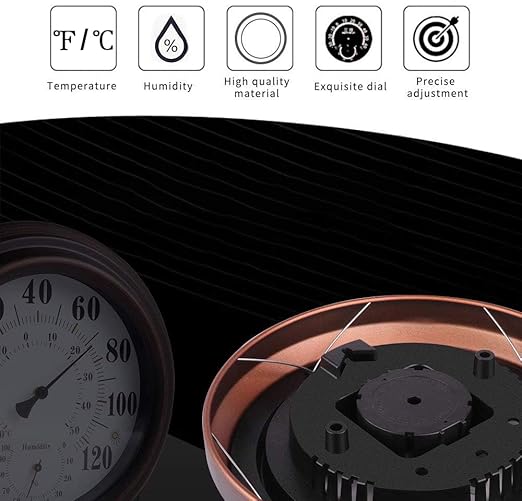 Indoor Outdoor Thermometer - Premium Steel Wall Thermometer Hygrometer for Patio, Wall or Decorative, No Battery Required Hanging Thermometer 8" Round Diameter (Bronze)