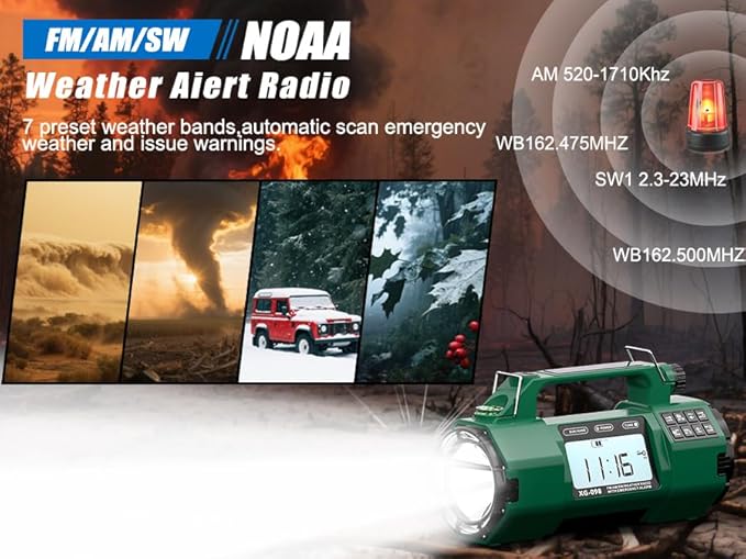 Emergency Alert NOAA Weather Radio with Hand Crank & Solar Power, AM/FM/SW Portable Radio, Replaceable Battery, Flashlight, Phone Charger, SOS Alarm for Hurricane, Power Outage, Camping Gifts
