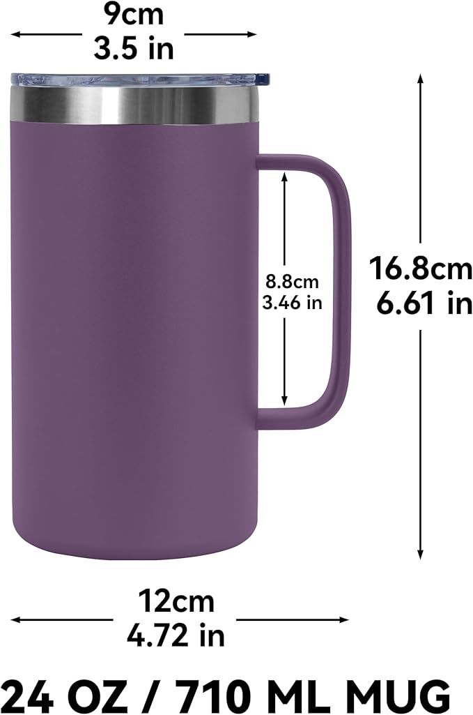 DOMICARE 24oz Mug with Handle and Lid, Stainless Steel Coffee Mug, Travel Mug with Handle, Double Wall Vacuum Coffee Tumbler, Reusable Insulated Cup, Dark Purple, Pack 4