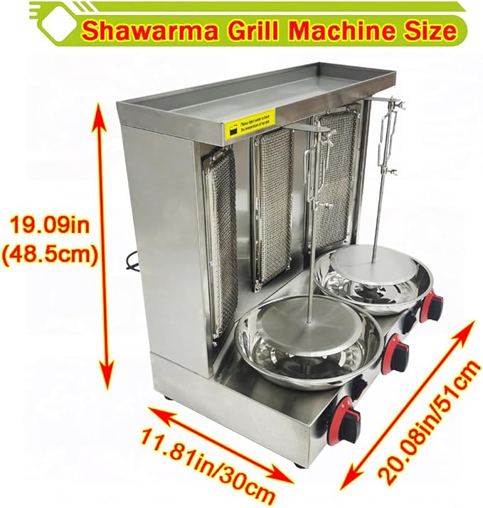 LP Gas Shawarma Grill Machine Vertical Broiler Rotating Doner Kebab Machine Countertop Rotisserie Gyro Grill Oven with 3 Burners for Home Kitchen Adjustable Tempereture