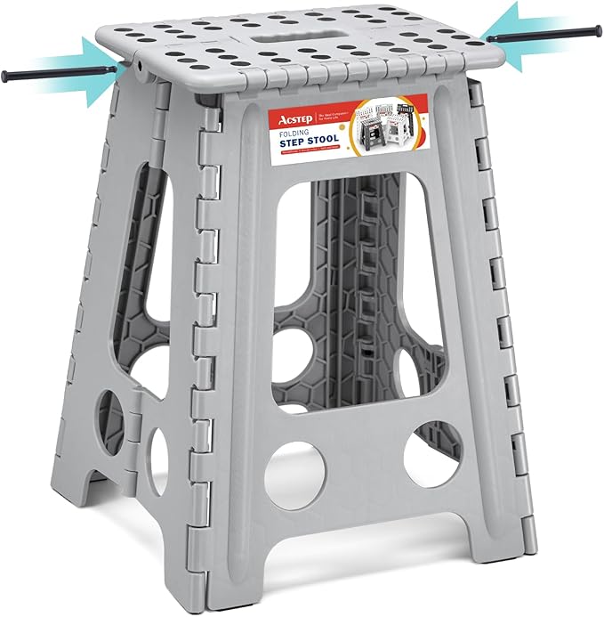 ACSTEP Folding Step Stool 17.5 Inch Heavy Duty Step Stool Foldable for Adults and Kids, Collapsible Stepping Stool with Handle, Non Slip Folding Stools for Kitchen Hold Up to 400lbs (Grey 1PC)