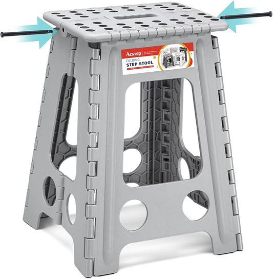 ACSTEP Folding Step Stool 17.5 Inch Heavy Duty Step Stool Foldable for Adults and Kids, Collapsible Stepping Stool with Handle, Non Slip Folding Stools for Kitchen Hold Up to 400lbs (Grey 1PC)