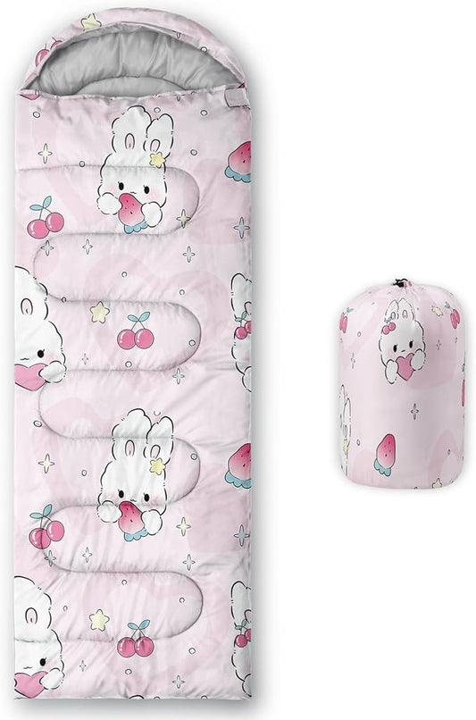 AILONEN Pink Lovely Rabbit Sleeping Bag for Girls Kids Adults,Warm and Cool Weather,Lightweight,Waterproof Backpacking,Cartoon Flowers Printed Bunny Sleeping Bag for Camping