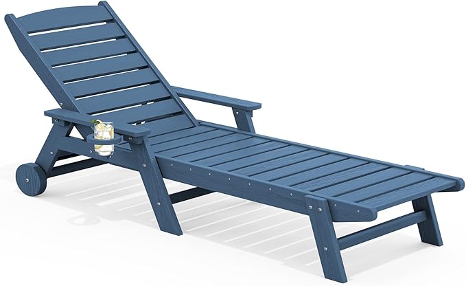 SERWALL Patio Chaise Lounge Chair, 5 Positions Adjustable HDPE Outdoor Lounge Chair, Poly Lounge Chair with Rolling Wheels & Cup Holder, Blue