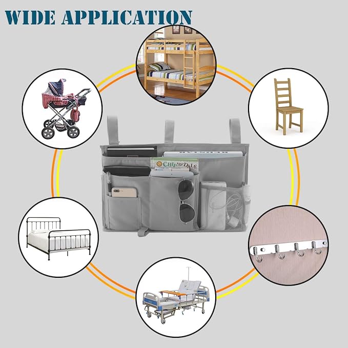 Bedside Caddy, Hanging Under Bed Storage Organizer Bag with 8 Pockets for College Dorm Rooms, Hospital Bed Rails, Camp