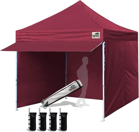 Eurmax USA 10 x 10 Pop up Canopy Commercial Tent Outdoor Party Canopies with 4 Removable Zippered Sidewalls and Roller Bag Bonus 4 Canopy Sand Bags & 24 Squre Ft Extended Awning(Burgundy)